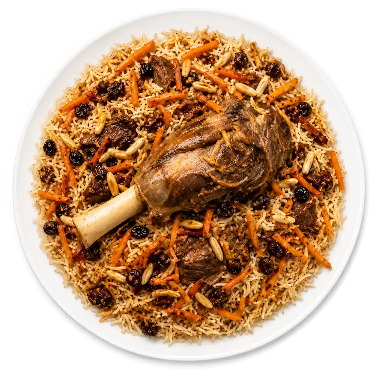 Kabuli Pulao with saffron rice, carrots, raisins, and tender meat
