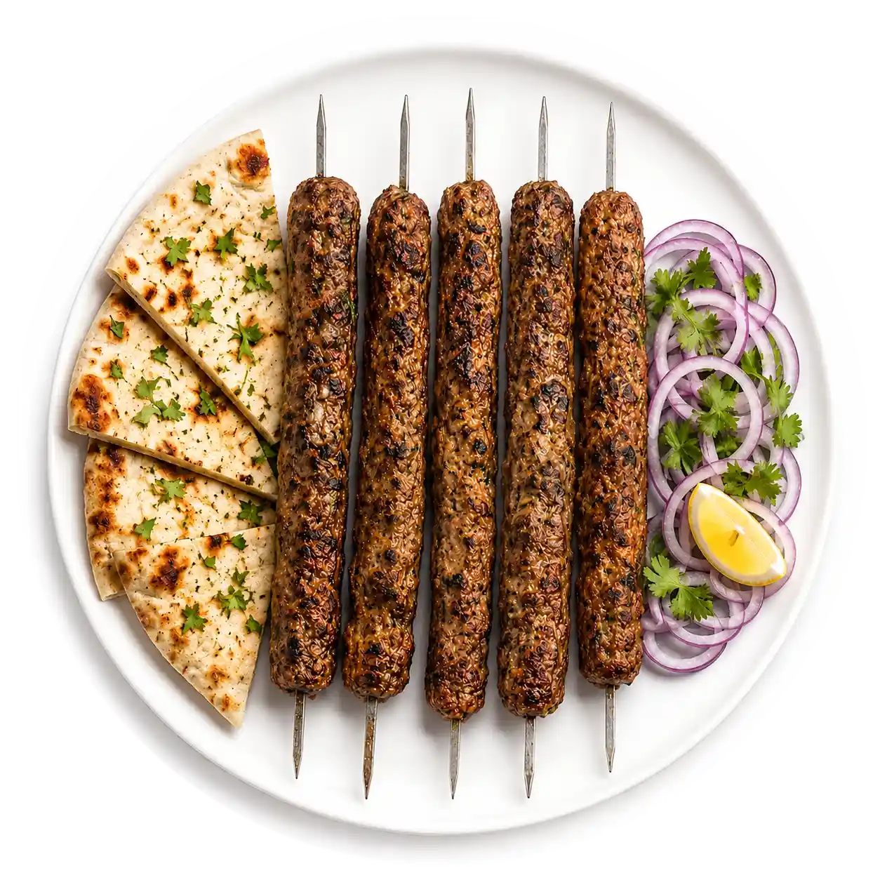 Lamb seekh kebab with warm bread and herbs