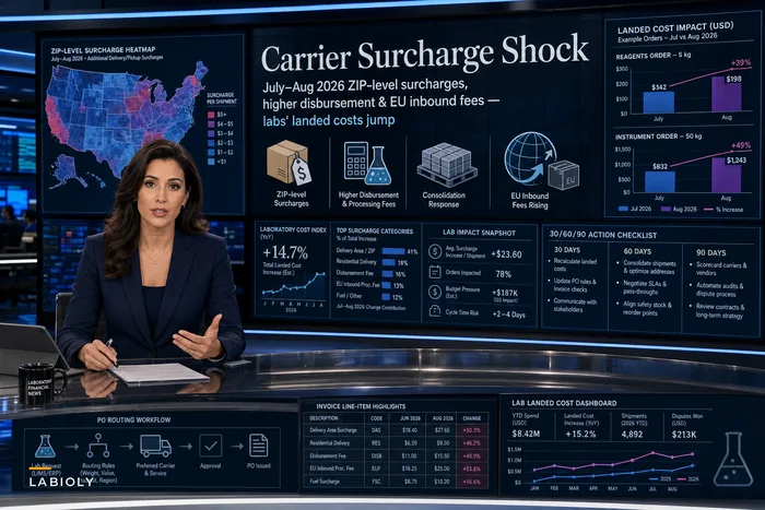 Carrier Surcharge Shock: Practical Steps for Labs to Mitigate New Parcel Fees and Cross‑Border Disbursement Charges