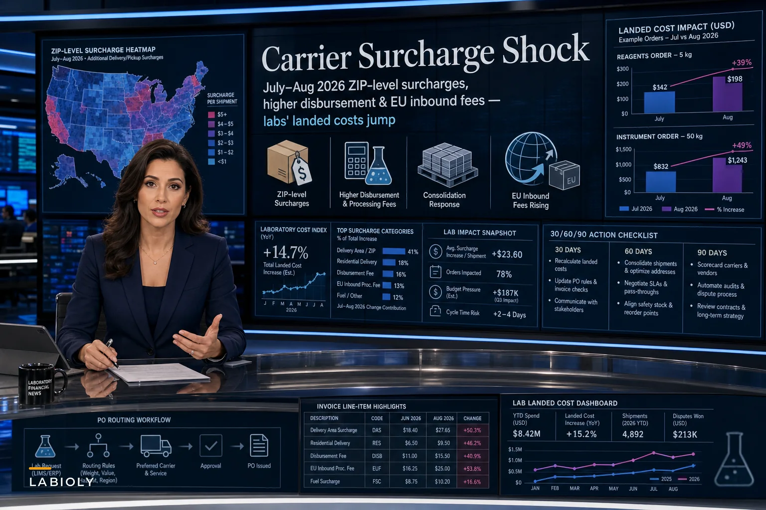 Carrier Surcharge Shock: Practical Steps for Labs to Mitigate New Parcel Fees and Cross‑Border Disbursement Charges