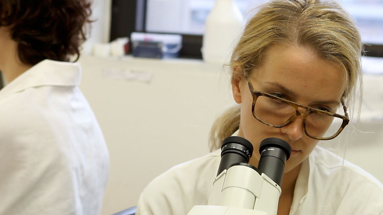 Woman Scientist Looking Through Microscope