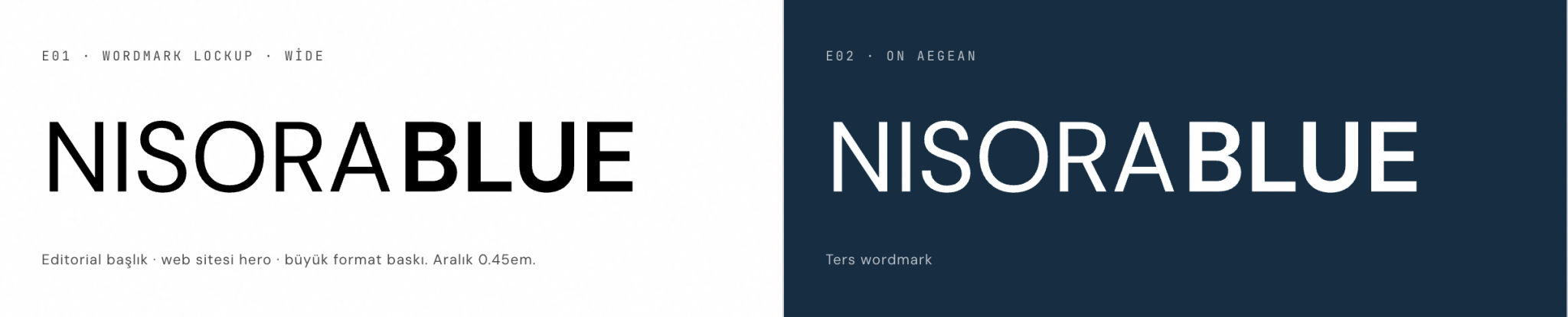 Nisora Blue — Wordmark on white and on Aegean Deep