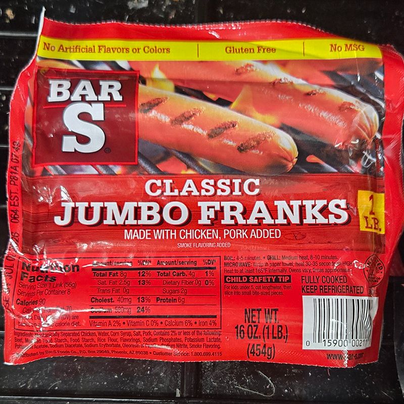 Bar-S Classic Fully Cooked Jumbo Franks Hot Dogs, 8 Count, 16oz