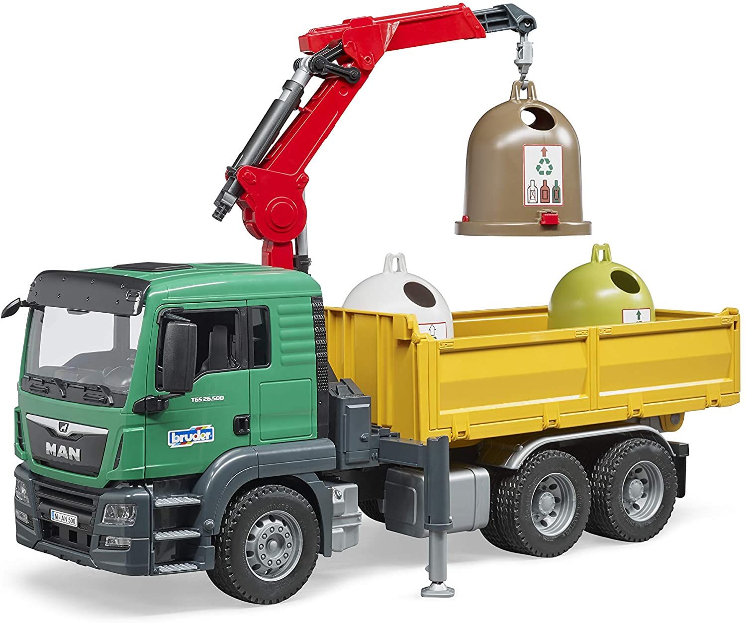 MAN TGS Lastbil med lastekran og 3 genbrugscontainere