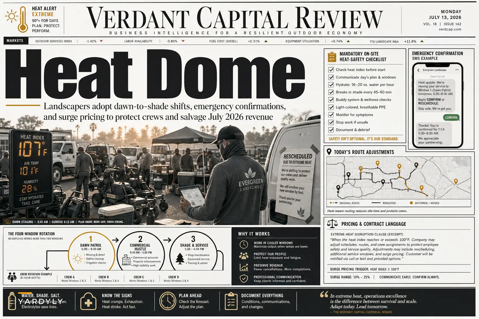 Heat Wave Playbook for Landscapers: Shift Schedules, Protect Crews, and Keep Jobs on Track During the July 2026 Heat Dome