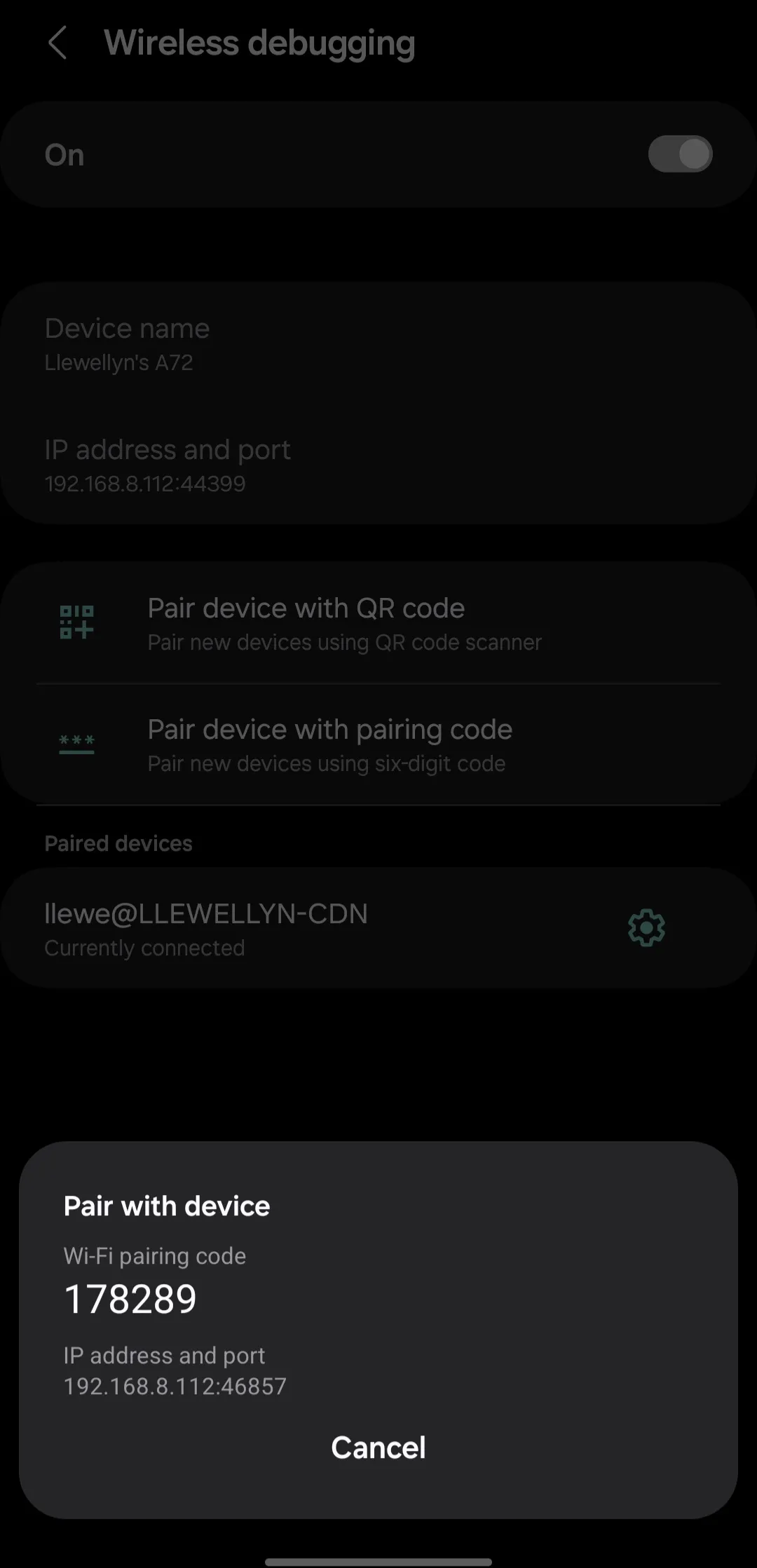 wireless debugging screen