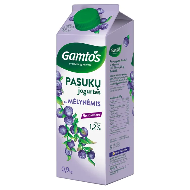 Pasukų jogurtas su mėlynėmis GAMTOS, 1,2% rieb. Be laktozės, 900 g