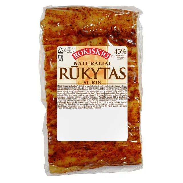 Rūkytas pikantiškas sūris ROKIŠKIO, 43% rieb.