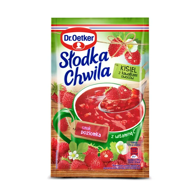 Greito paruošimo žemuogių skonio  kisielius „Saldi  akimirka“ su uogų gabaliukais DR. OETKER 31,5g