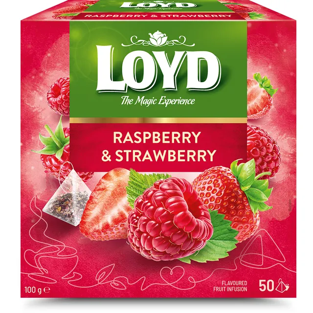 Aviečių ir braškių skonio vaisinė arbata LOYD, 50 vnt.