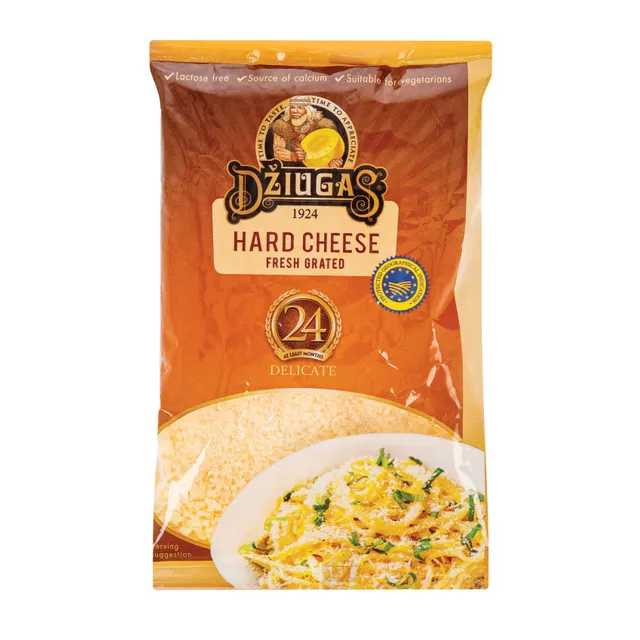 DŽIUGAS kietas sūris 40% rieb.s.m. brandintas 24 mėn. Delicate tarkuotas 40g