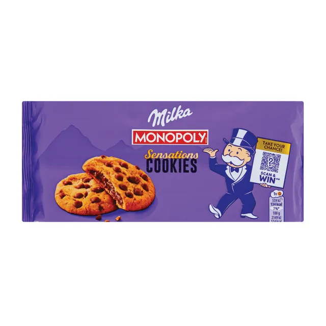 Sausainiai MILKA su pieninio šokolado gabaliukais ir pieninio šokolado įdaru, 156 g