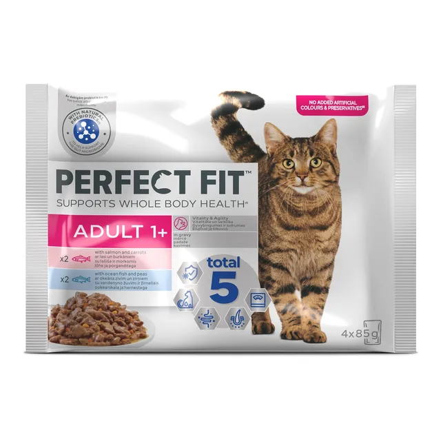 Konservuotas kačių ėdalas su žuvimi/lašiša PERFECT FIT SENSITIVE, 340 g (4 x 85 g)