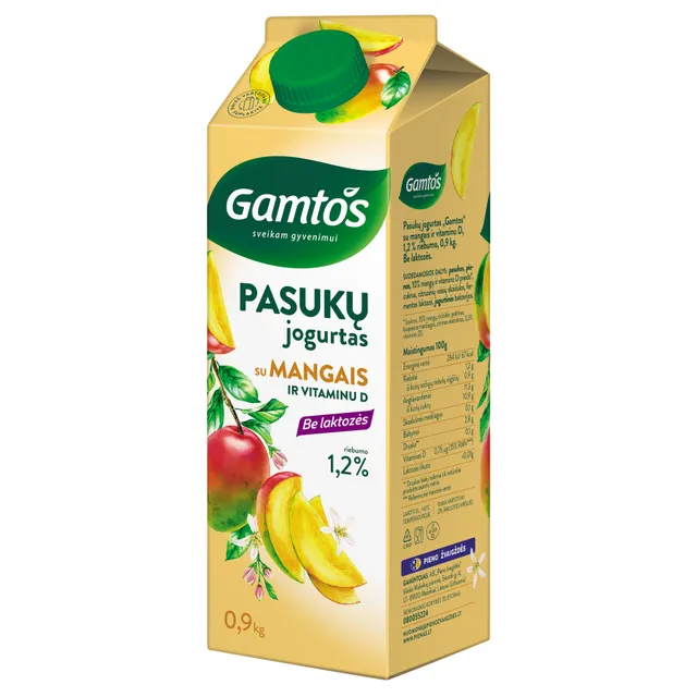 Pasukų jogurtas GAMTOS su mangais ir vitaminu D, be laktozės, 1,2% rieb., 900 g