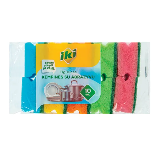 Iki Spalvotos figūrinės kempinės su abrazyvu, 10 vnt.