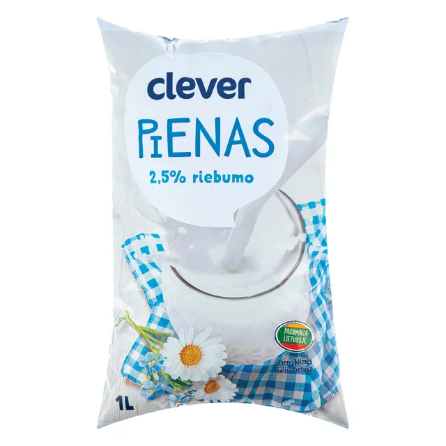 Pienas CLEVER 2,5% maišelyje, 1 l