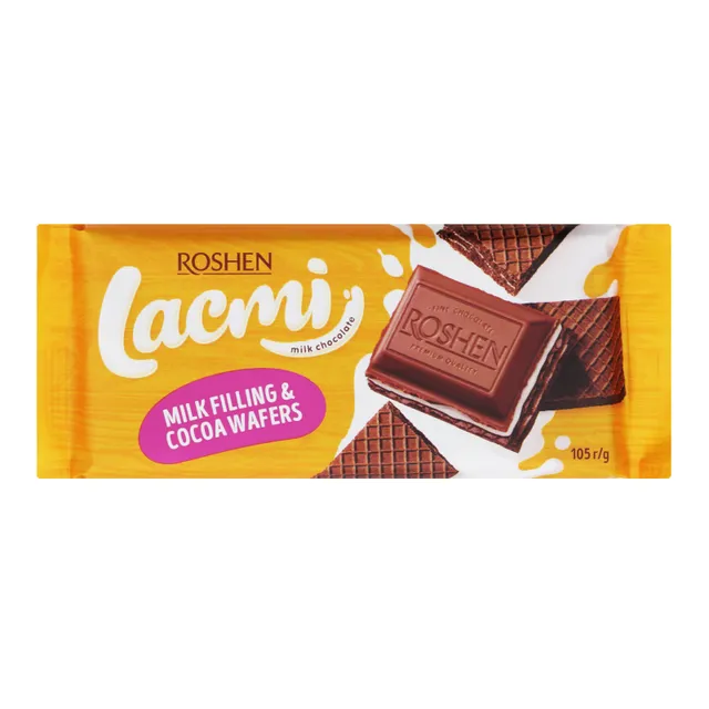 Pieninis šokoladas ,,LACMI" su pieniniu įdaru ir vafliais, 100 g