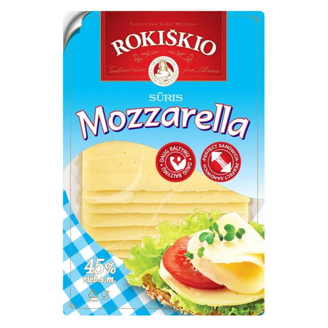 Sūris ROKIŠKIO Mozzarella 45% rieb. riekutėmis, 150 g