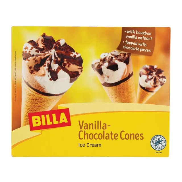 Valgomieji vanilės ir šokolado skonio ledai BILLA vafliniame ragelyje, 6x120 ml