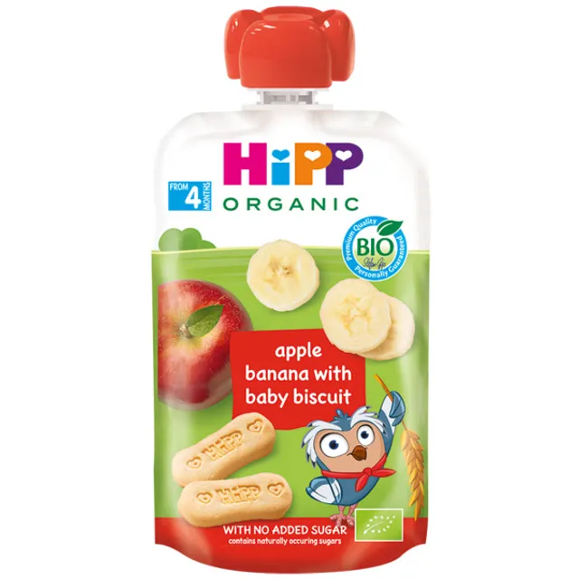 Ekologiška obuolių ir bananų tyrelė su sausainiais HIPP (nuo 4 mėn.), 100 g