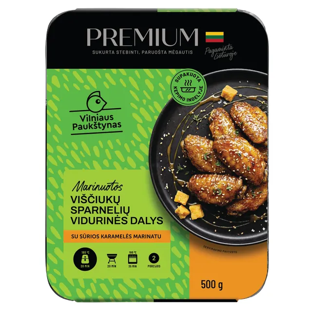Viščiukų sparnelių vidurinės dalys PREMIUM su sūrios karamelės marinatu, 500 g