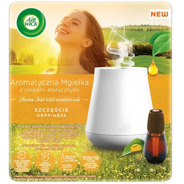 Automatinis oro gaiviklis AIR WICK ESSENTIAL MIST su švelnaus saldžiųjų migdolų ir agurkų aromato užpildu, 200 ml