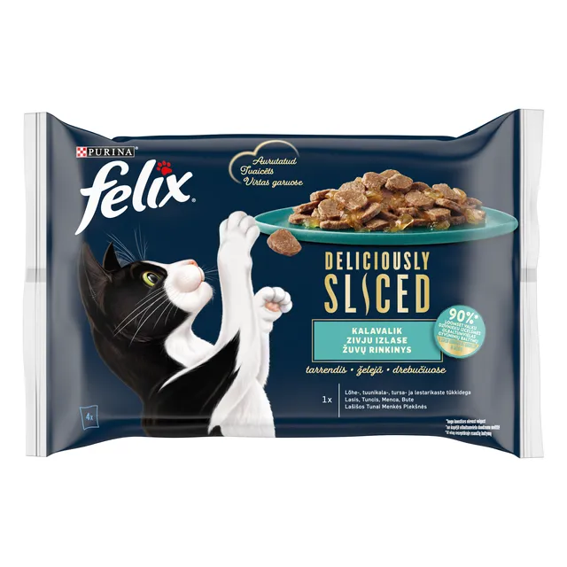 FELIX DELICIOUSLY SLICED Ocean Selection visavertis šlapiasis ėdalas suaugusioms katėms drebučiuose 4x85g