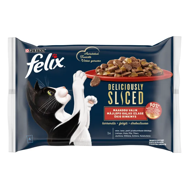 FELIX DELICIOUSLY SLICED Meat Selection visavertis šlapiasis ėdalas suaugusioms katėms drebučiuose 4x85g