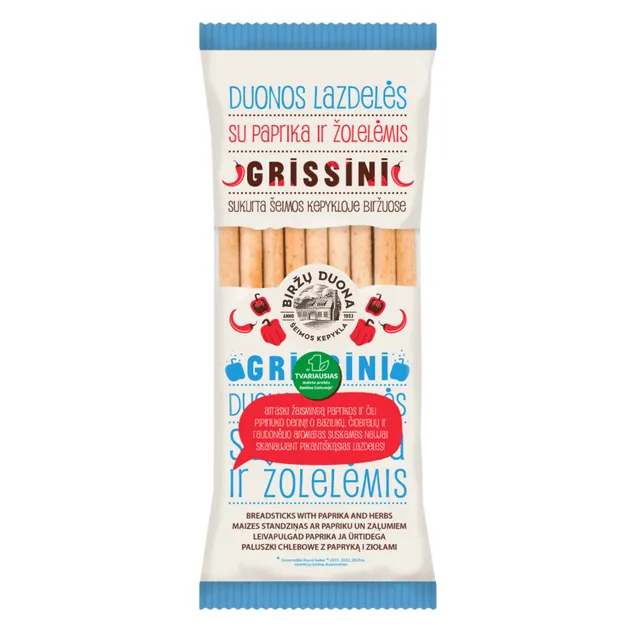 BIRŽŲ DUONOS lazdelės su paprikomis ir žolelėmis GRISSINI, 125 g