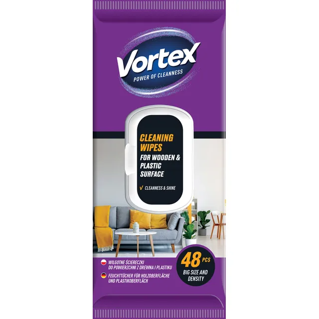 Drėgnos servetėlės VORTEX CLEANING WIPES WOOD&PLASTIC, 48 vnt.