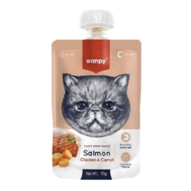 WANPY mėsos pasta katėms su lašiša, vištiena ir morkomis, 90 g