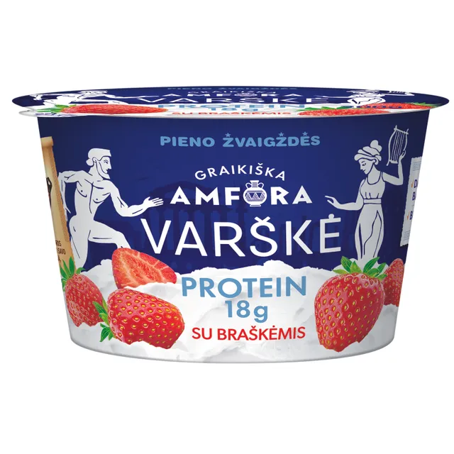 Varškė ,,GRAIKIŠKA AMFORA PROTEIN" 0,8% riebumo su braškėmis, 200 g