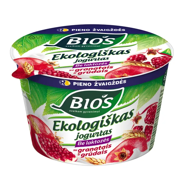 Ekologiškas jogurtas be laktozės su granatais ir grūdais BIOS, 3,2% rieb., 200 g