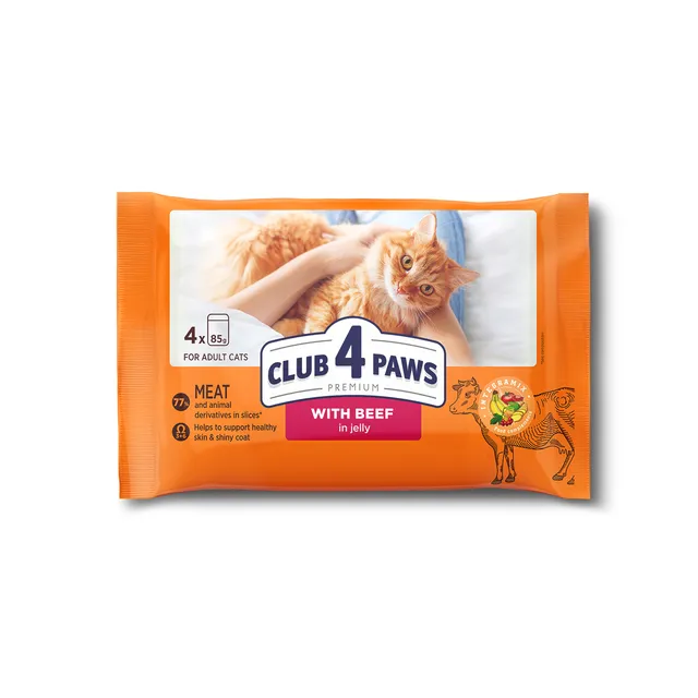 Visavertis konservuotas pašaras suaugusioms katėms su jautiena drebučiuose CLUB 4 PAWS PREMIUM, 340 g