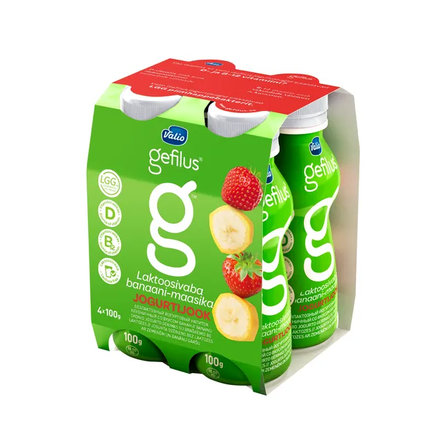 GEFILUS braškių ir bananų skonio geriamasis jogurtas (be laktozės) 1,1% rieb., 4x100g