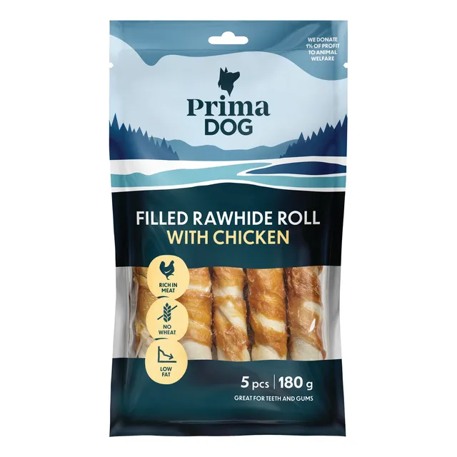 Įdarytas apdorotas odos suktinis su vištiena 13 cm PRIMA DOG, 180 g