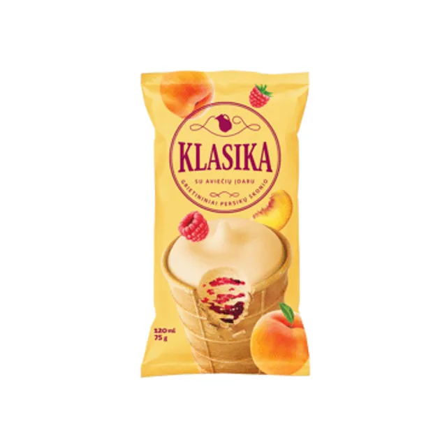 Klasika grietininiai persikų skonio ledai su aviečių įdaru vafliniame puodelyje, 120 ml