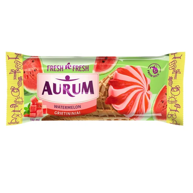 Arbūzų skonio ledai AURUM su arbūzų įdaru vafliniame ragelyje, 150 ml