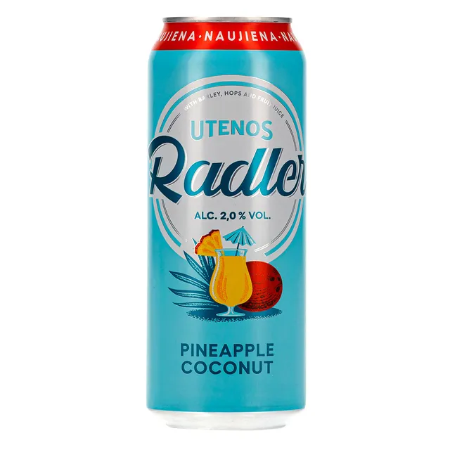 Alaus kokteilis UTENOS RADLER ananasų, kokosų skonio 2%, 0,5 l