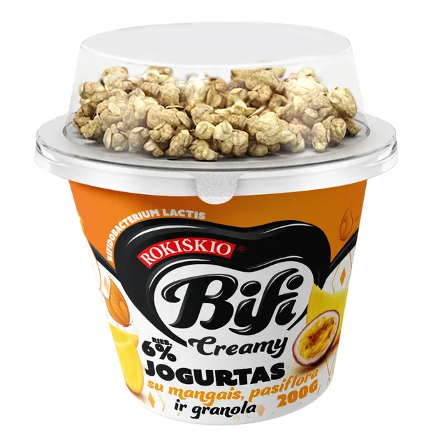 Jogurtas ROKIŠKIO Bifi Creamy su mangais, pasiflora ir granola 6% rieb., 200 g