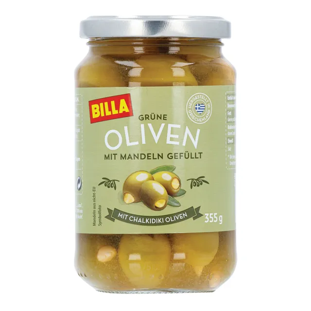 Žaliosios alyvuogės įdarytos migdolais BILLA, 355 g