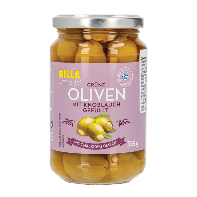 Žaliosios alyvuogės įdarytos česnakais BILLA, 355 g