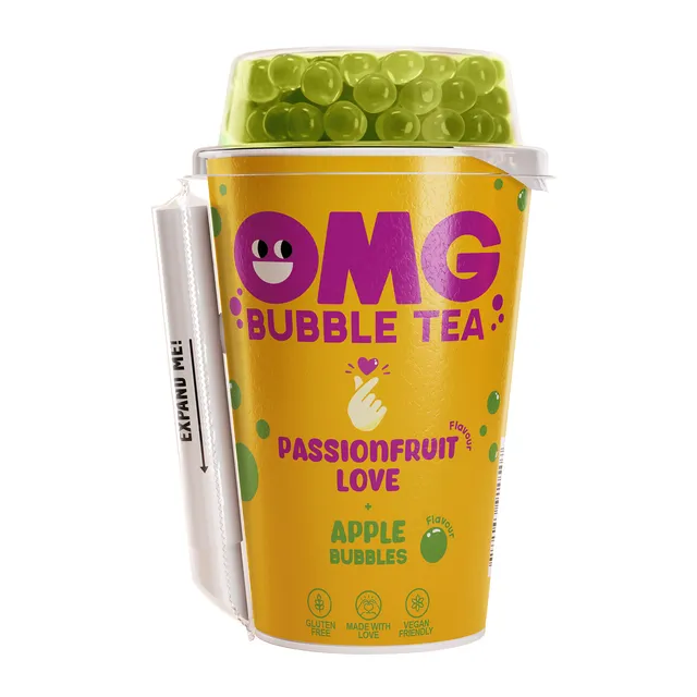 Pasiflorų skonio arbatos gėrimas su obuolių skonio burbuliukais OMG, 270 ml