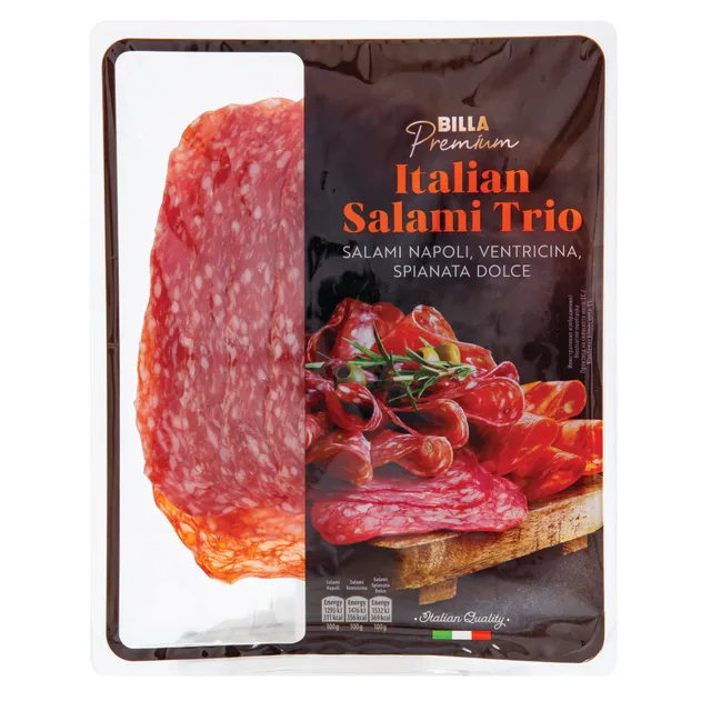 Itališko saliamio trio BILLA PREMIUM Saliami Napoli, Salami Ventricina ir Salami Spianata Dolce, 120 g