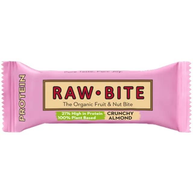 Ekologiškas traškus baltymų batonėlis su migdolais RAW BITE, 45 g