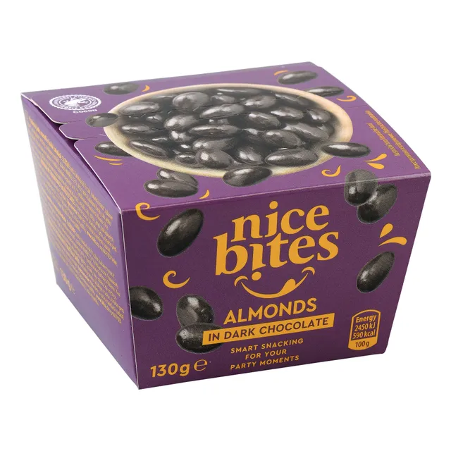 NICE BITES migdolų rieštutai juodajame šokolade, 130 g