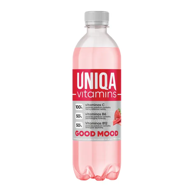 Gaivusis gėrimas braškių ir rabarbarų skonio UNIQA VITAMINS GOOD MOOD, 500 ml