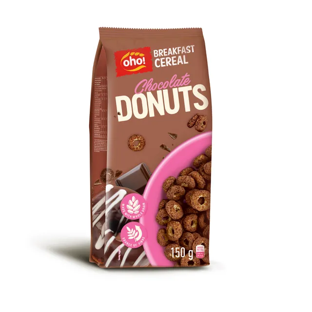Spurgų ir šokolado skonio sausų pusryčių OHO Chocolate Donuts, 150 g