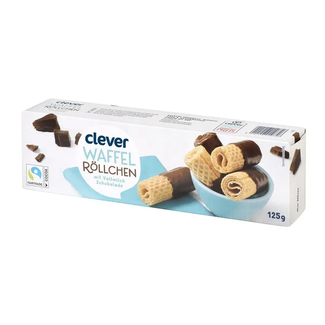 Vaflių vamzdeliai su pieniniu šokoladu CLEVER, 125 g