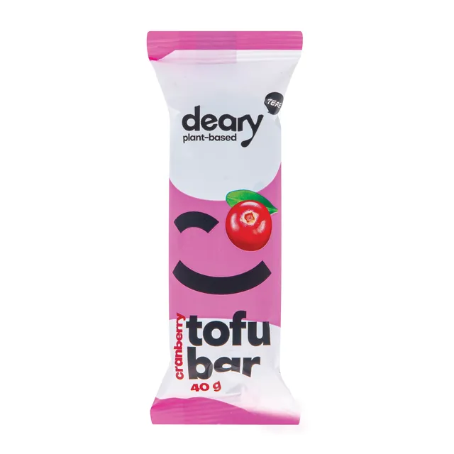 Tofu batonėlis su spanguolių įdaru DEARY, glaistytas šokoladu, 40 g